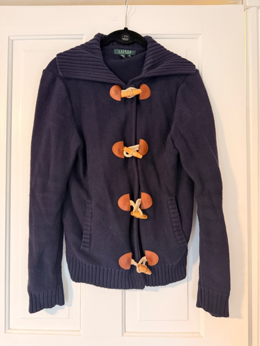 Lauren Ralph Lauren Navy Shawl-Collar Toggle Cardigan with Leather Trim - Picture 2 of 4